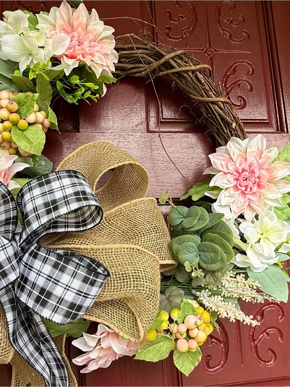 Spring Pink Floral Grapevine Wreath with Burlap and Plaid Bow